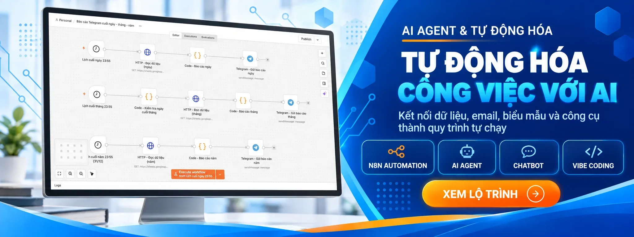 Màn hình workflow tự động hóa, giới thiệu nhóm khóa n8n, AI Agent, chatbot và Vibe Coding