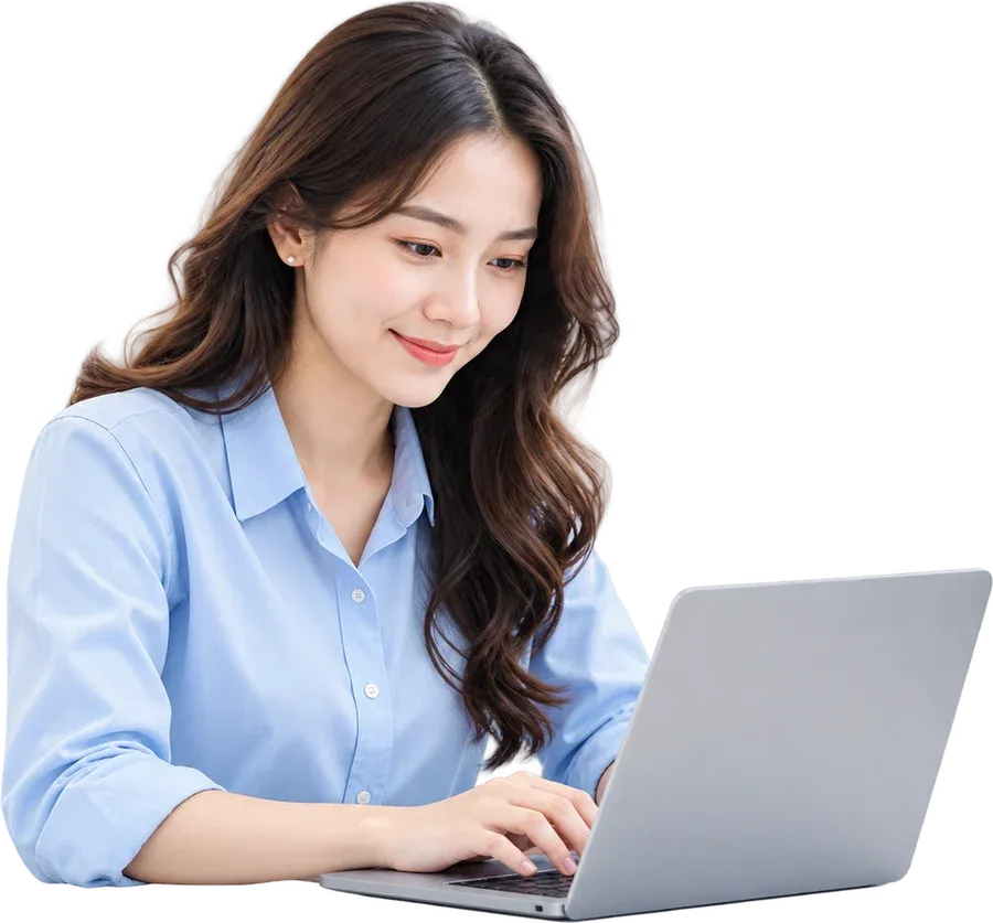 Học viên nữ mỉm cười làm việc trên laptop